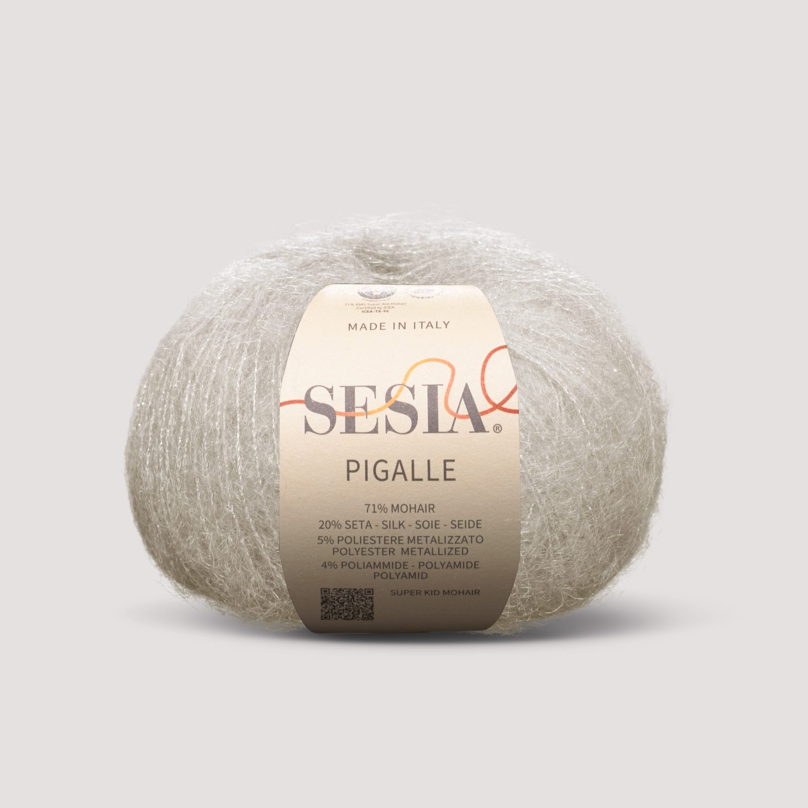 Sesia Pigalle - 71% Super Kid Mohair – 20% Silk – 5% Metallized Polyester – 4% Polyamide